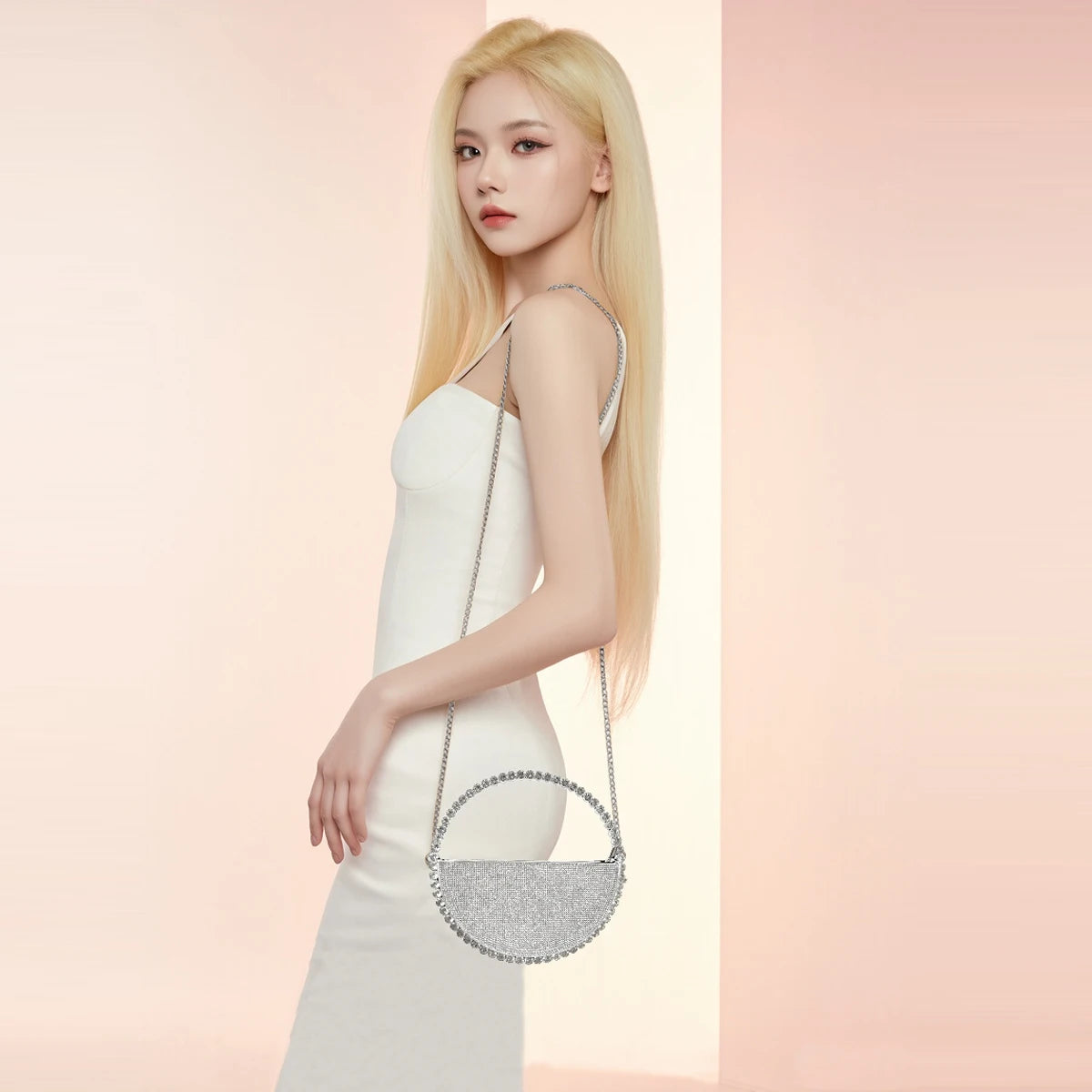 Clutch tonda glitter con strass – Borsa da sera elegante a forma di diamante piccola