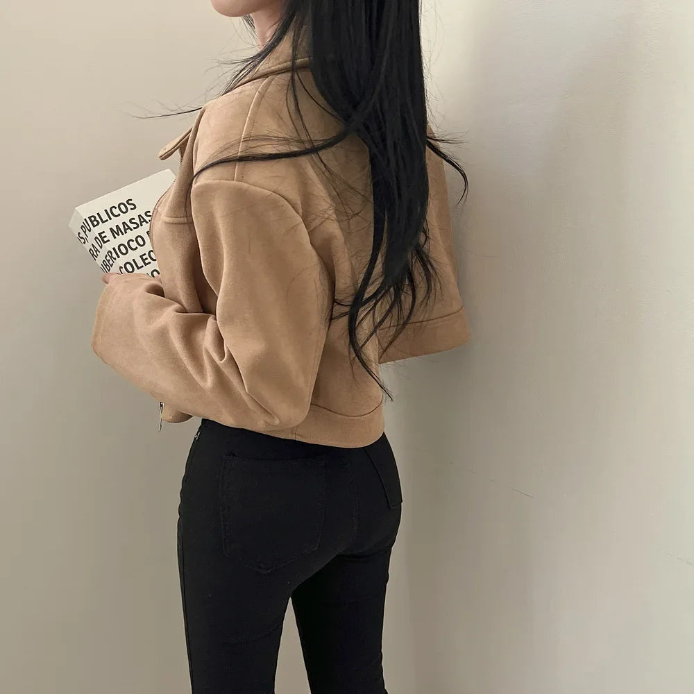 Giacca in pelle donna stile vintage – Giubbotto corto con zip, collo alla coreana, taglio slim fit, versatile e alla moda