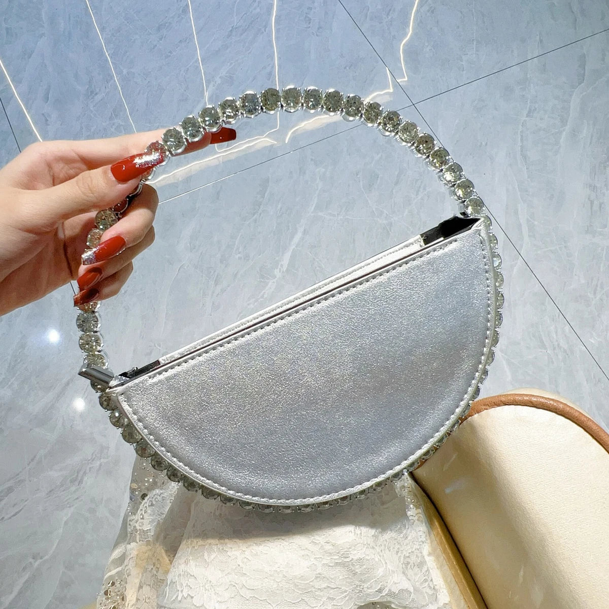 Clutch tonda glitter con strass – Borsa da sera elegante a forma di diamante piccola