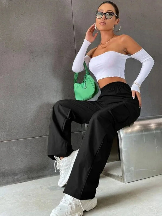 Pantaloni baggy jogger donna vita alta eleganti – pantaloni cargo straight chic oversize con vita elastica