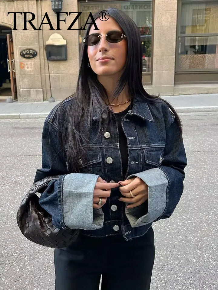 Giacca denim donna vintage 2025 – trench single-breasted con rever a collo, tasche & manica lunga blu scuro