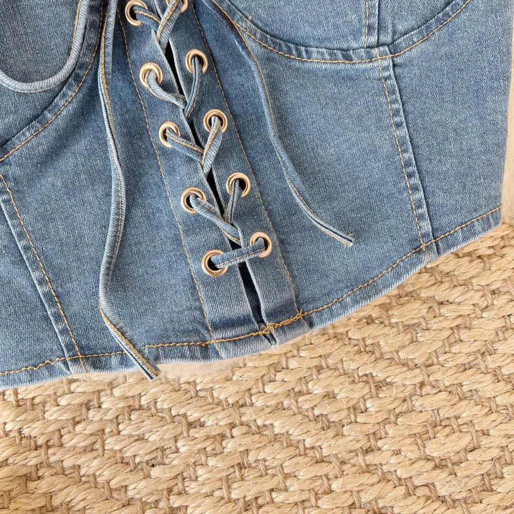 Top Denim Corsetto con Reggiseno Integrato – Crop Top Donna