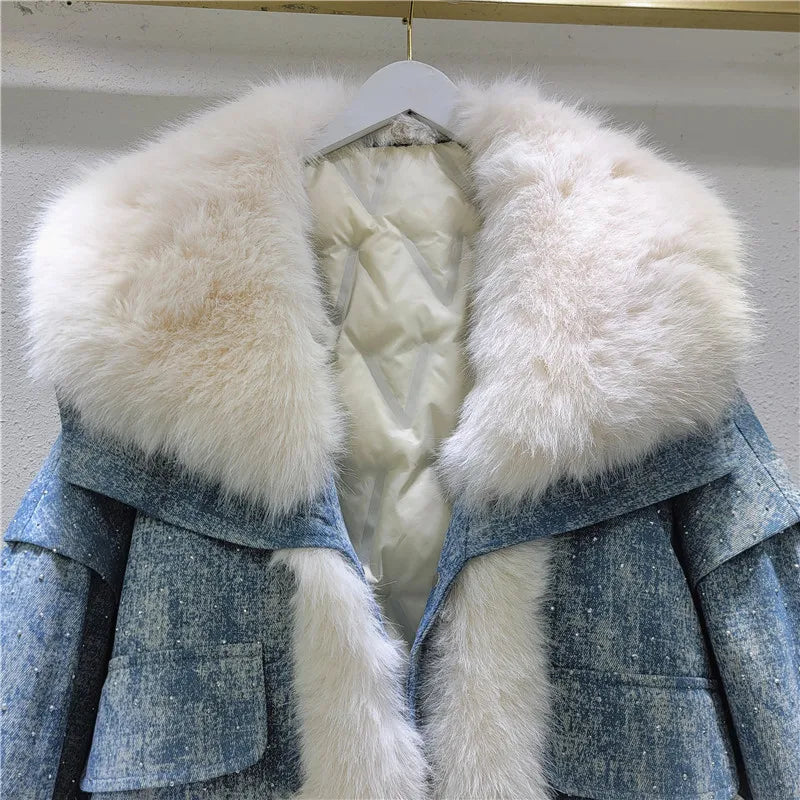 Parka imbottito donna con collo in pelliccia sintetica volpe + perline & strass – giacca elegante con beading