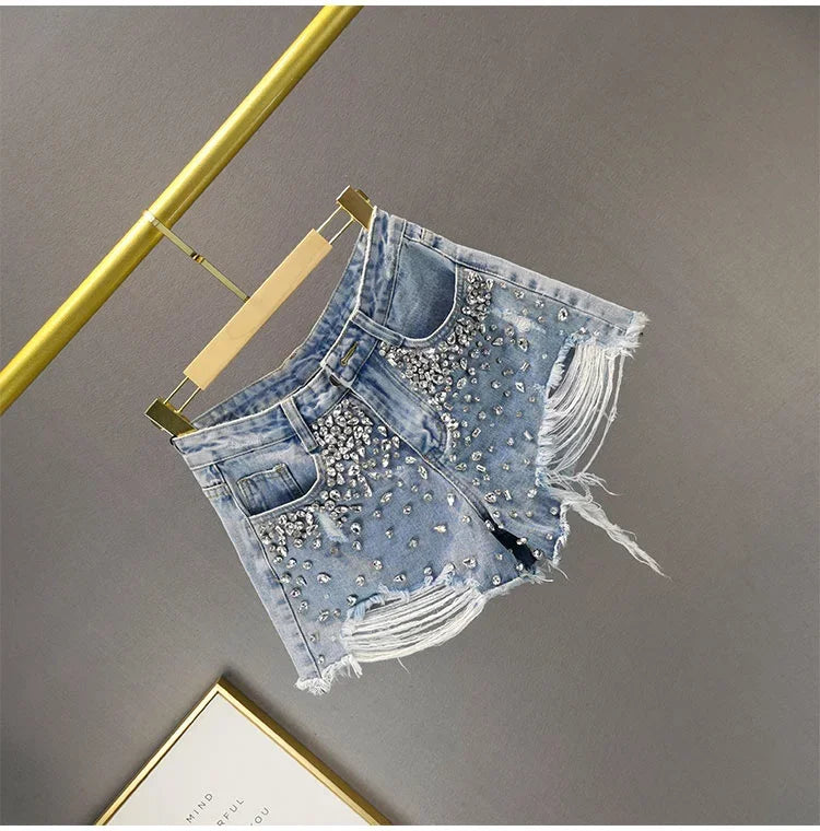 Shorts jeans donna Y2K vita alta con strass e frange – Primavera 2025