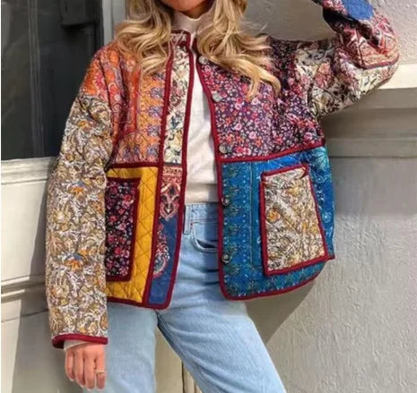 Giacca imbottita donna vintage patchwork floreale – Cappotto cotone con imbottitura, stile casual e warm streetwear