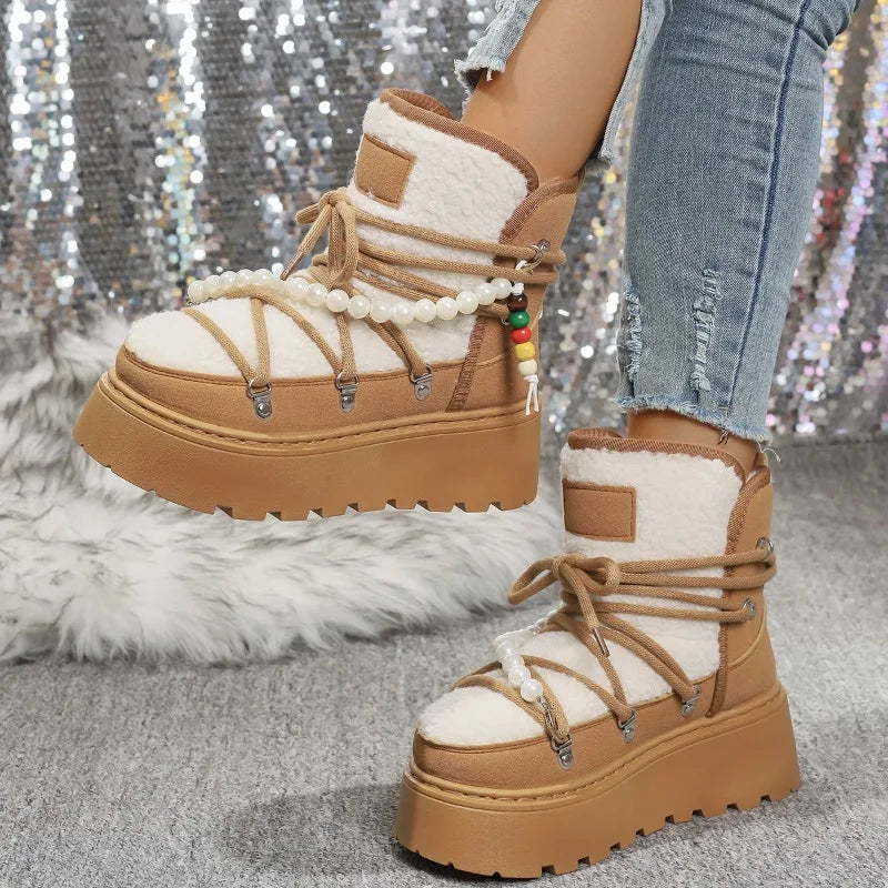 Stivali da neve donna invernali pelliccia – short boots imbottiti lamb-fur, punta tonda, stile retrò per città e montagna