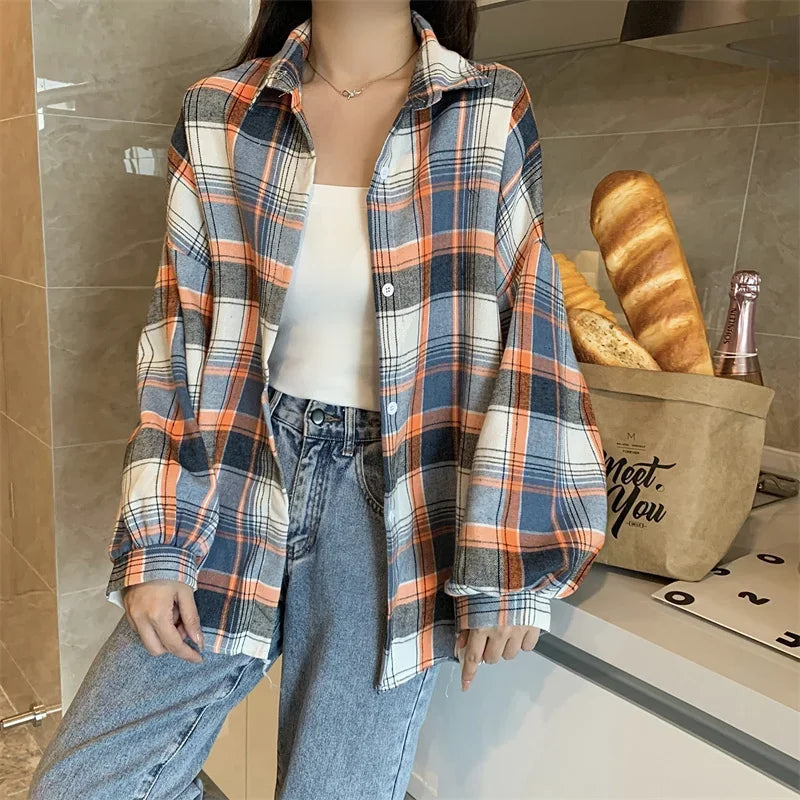 Camicia a quadri donna autunno 2025 – camicia manica lunga stile preppy vintage, taglio loose, single-breasted