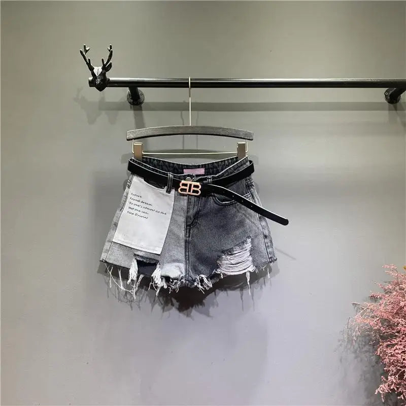 Denim shorts donna estate 2025 bicolore – vita alta, gamba larga, grafica e strappi – look urbano e trendy