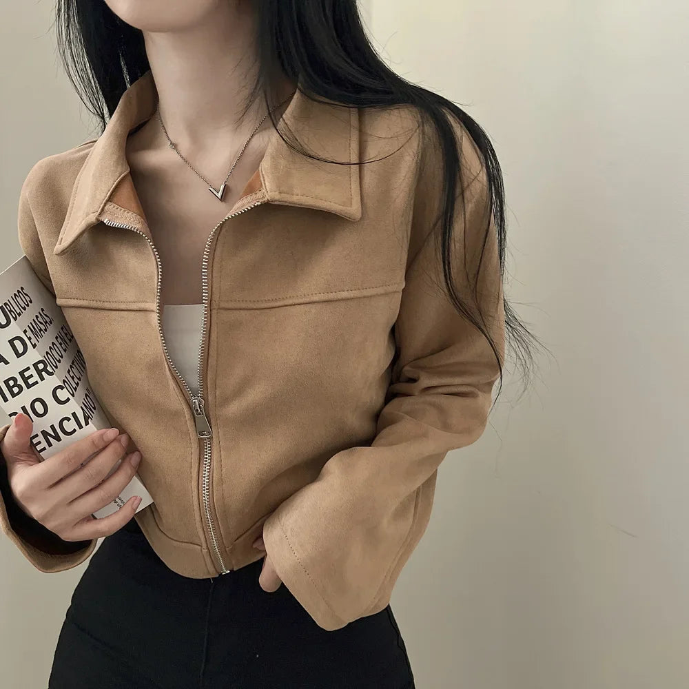 Giacca in pelle donna stile vintage – Giubbotto corto con zip, collo alla coreana, taglio slim fit, versatile e alla moda