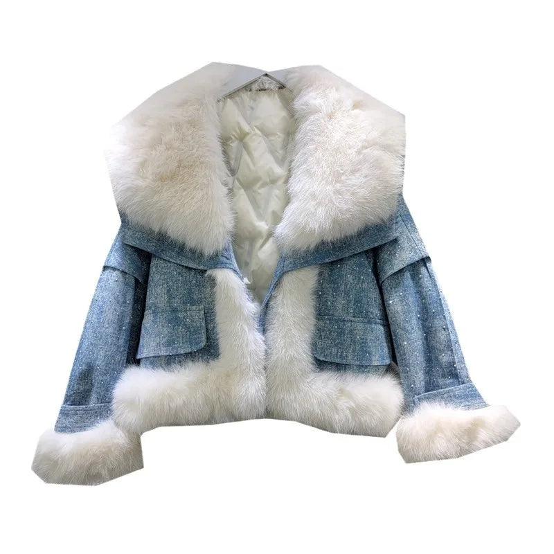 Parka imbottito donna con collo in pelliccia sintetica volpe + perline & strass – giacca elegante con beading