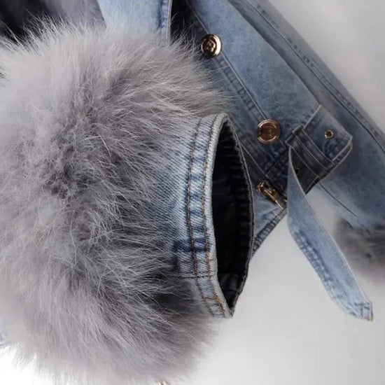 Giacca in denim con colletto in pelliccia di volpe sintetica per donna – Giacca corta imbottita con fodera in pelliccia di coniglio, per l'inverno