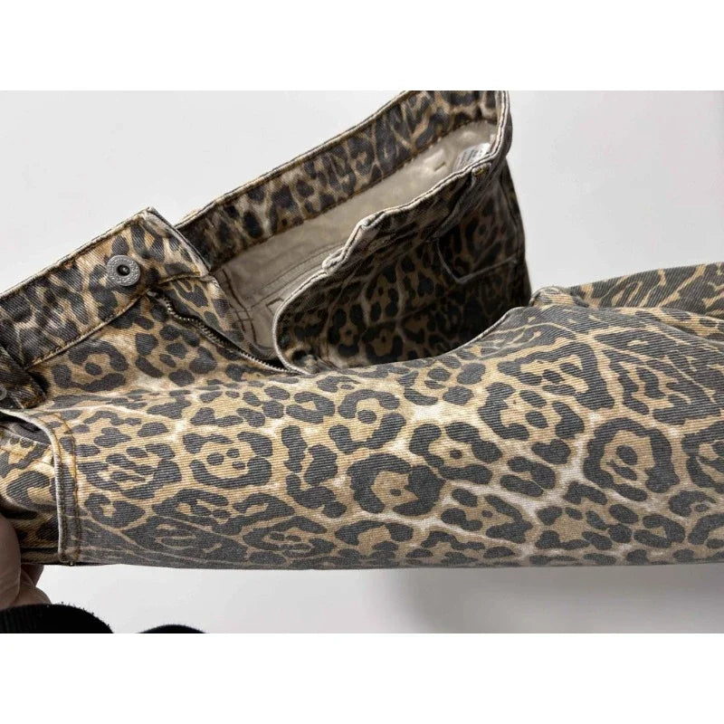 Jeans baggy vita alta leopardato donna – pantaloni oversize Y2K da strada con tasche casual