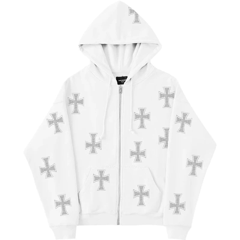 Felpa con cappuccio, zip e strass stile Y2K - Modello 617 bianco (nz617-white)