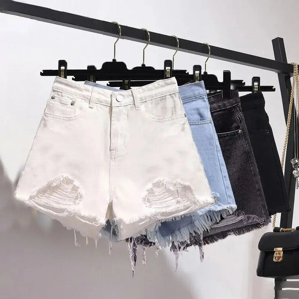 Cowboy shorts donna vita alta stile coreano – denim bianco con tasche, frange e strappi