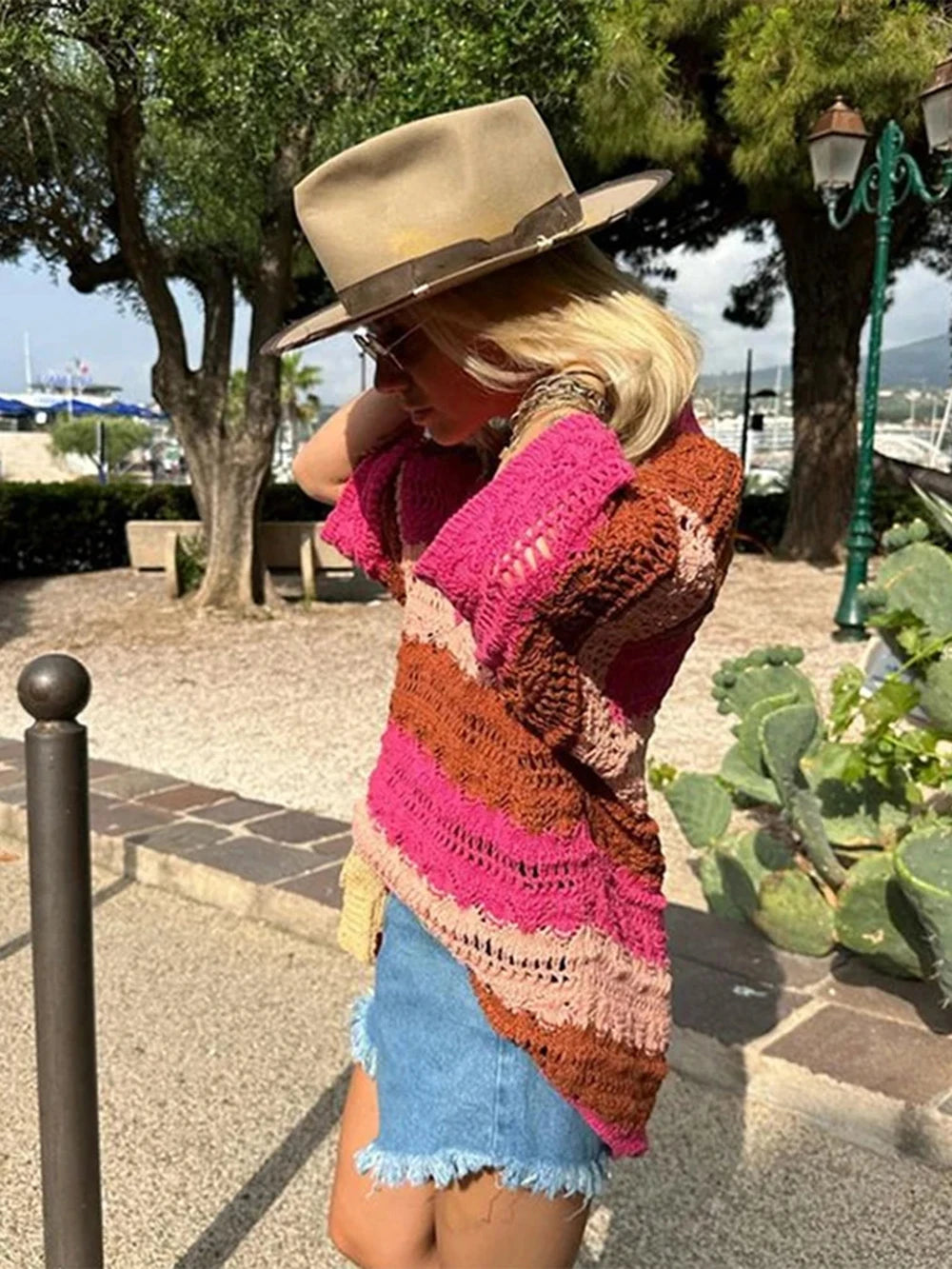 Co-ord estivo donna 2025 — Set maglia jacquard a righe con cardigan e shorts