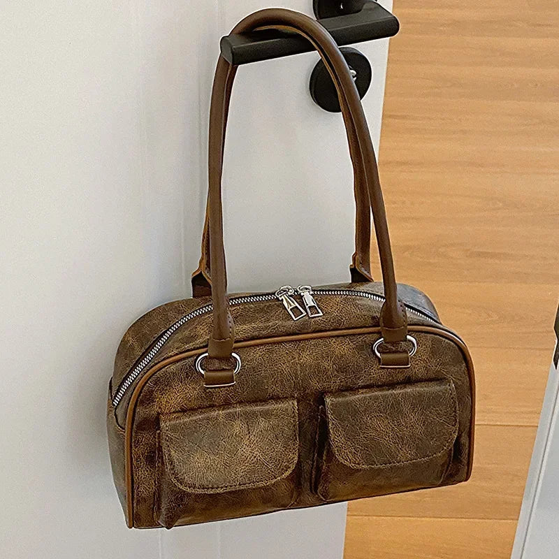 Borsa baguette donna retrò con doppie tasche frontali – trendy piccola underarm per il 2025