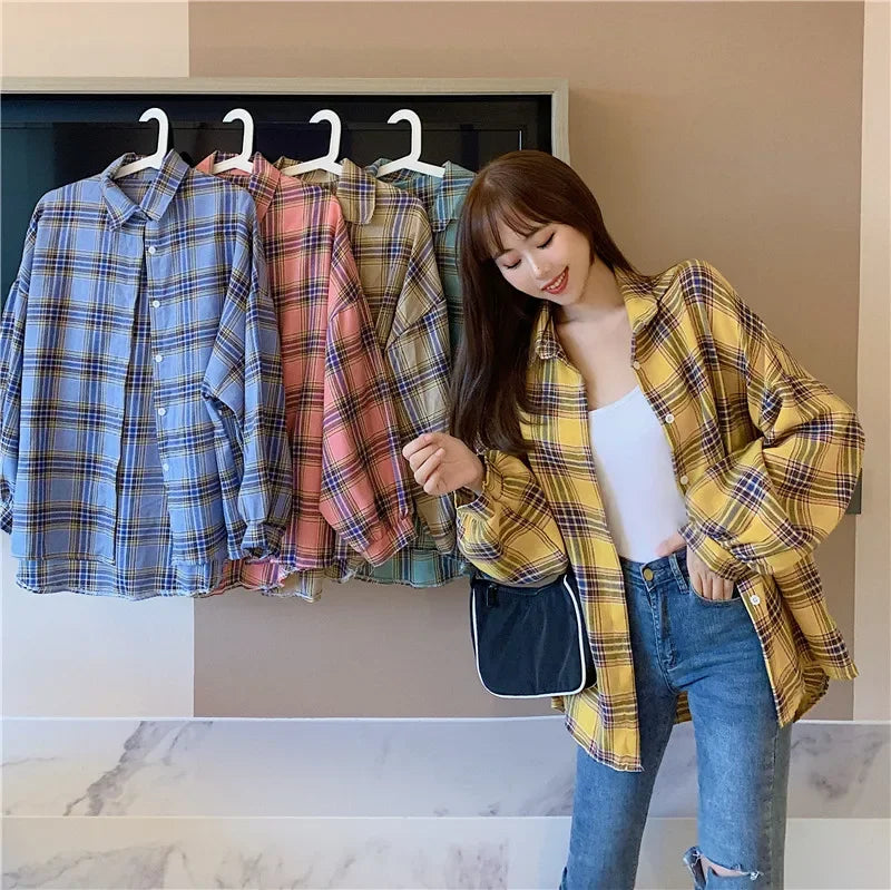 Camicia a quadri donna autunno 2025 – camicia manica lunga stile preppy vintage, taglio loose, single-breasted