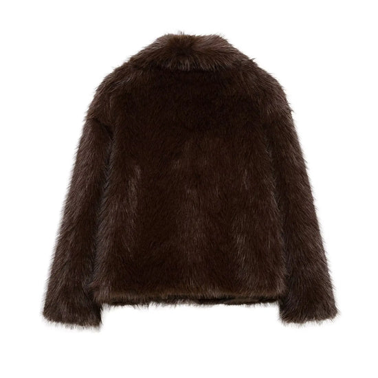 Giacca in pelliccia sintetica marrone con scollo a V per donna – Giacca lunga a maniche lunghe, stile casual elegante per l'autunno/inverno