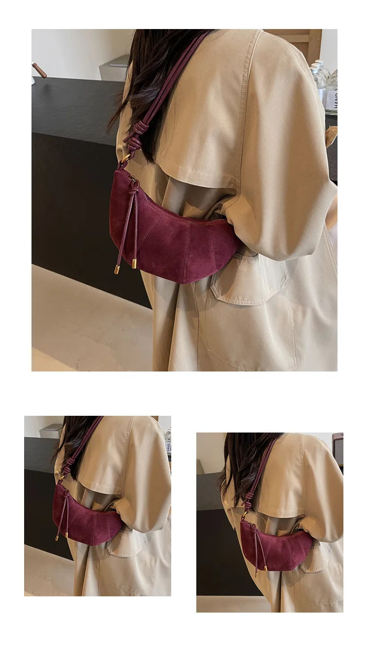 Borsetta baguette crossbody in velluto 2025 – stile western, zip e look raffinato minimal