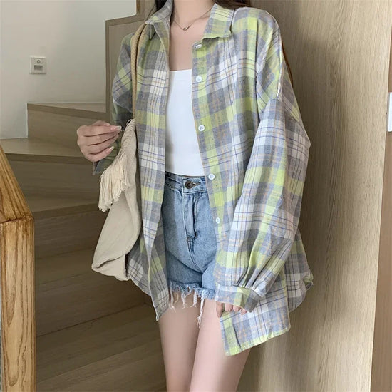 Camicia a quadri donna autunno 2025 – camicia manica lunga stile preppy vintage, taglio loose, single-breasted