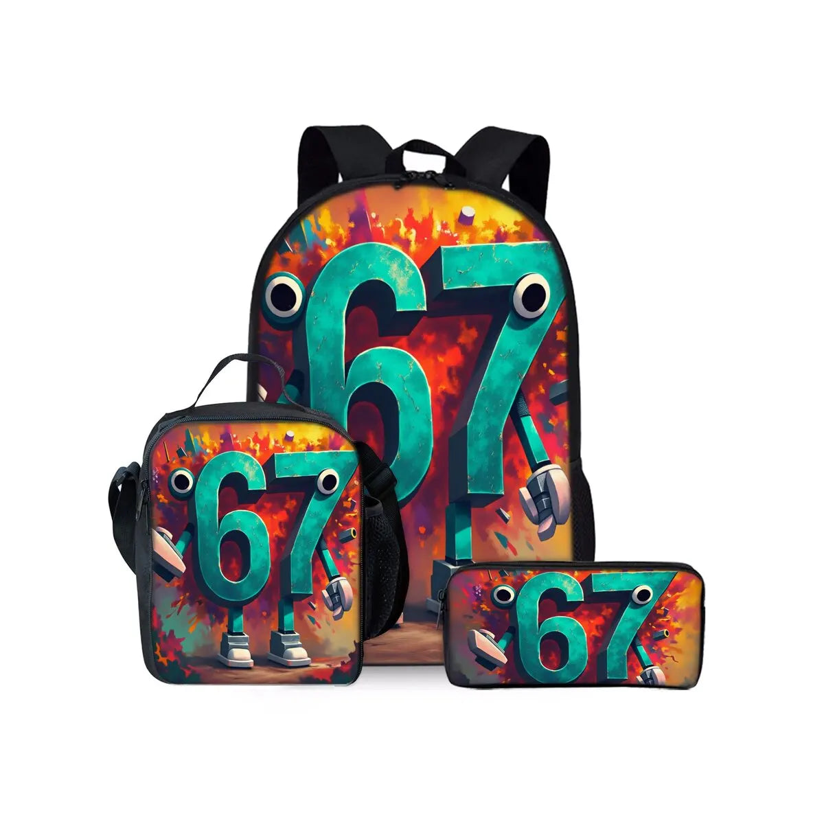 New Colorful Number 67 Print Three Piece Set Backpacks for Boy and Girls Best Gifts 2D Flat Cartoon School Bag for Children