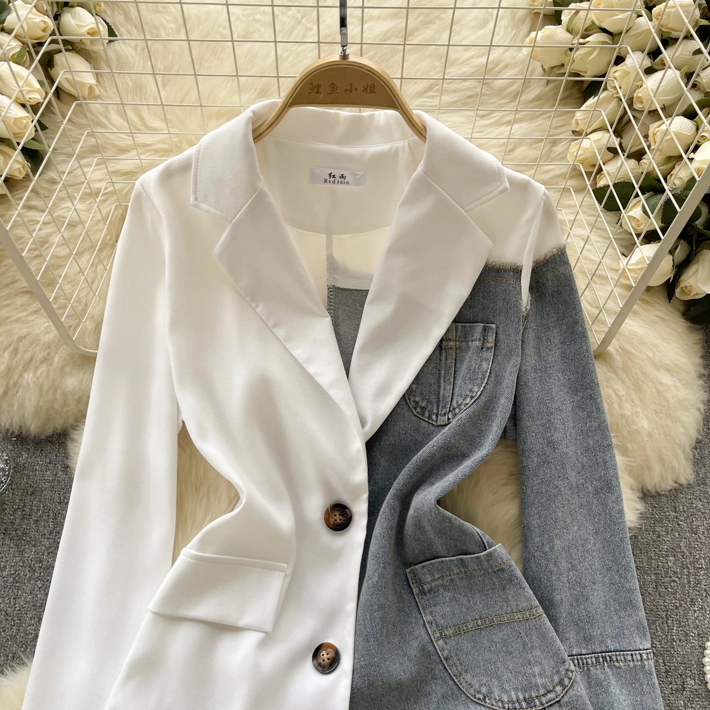 Giacca patchwork in denim con rever 2025 – blazer overshirt donna doppio bottone, vita slim, stile commuter