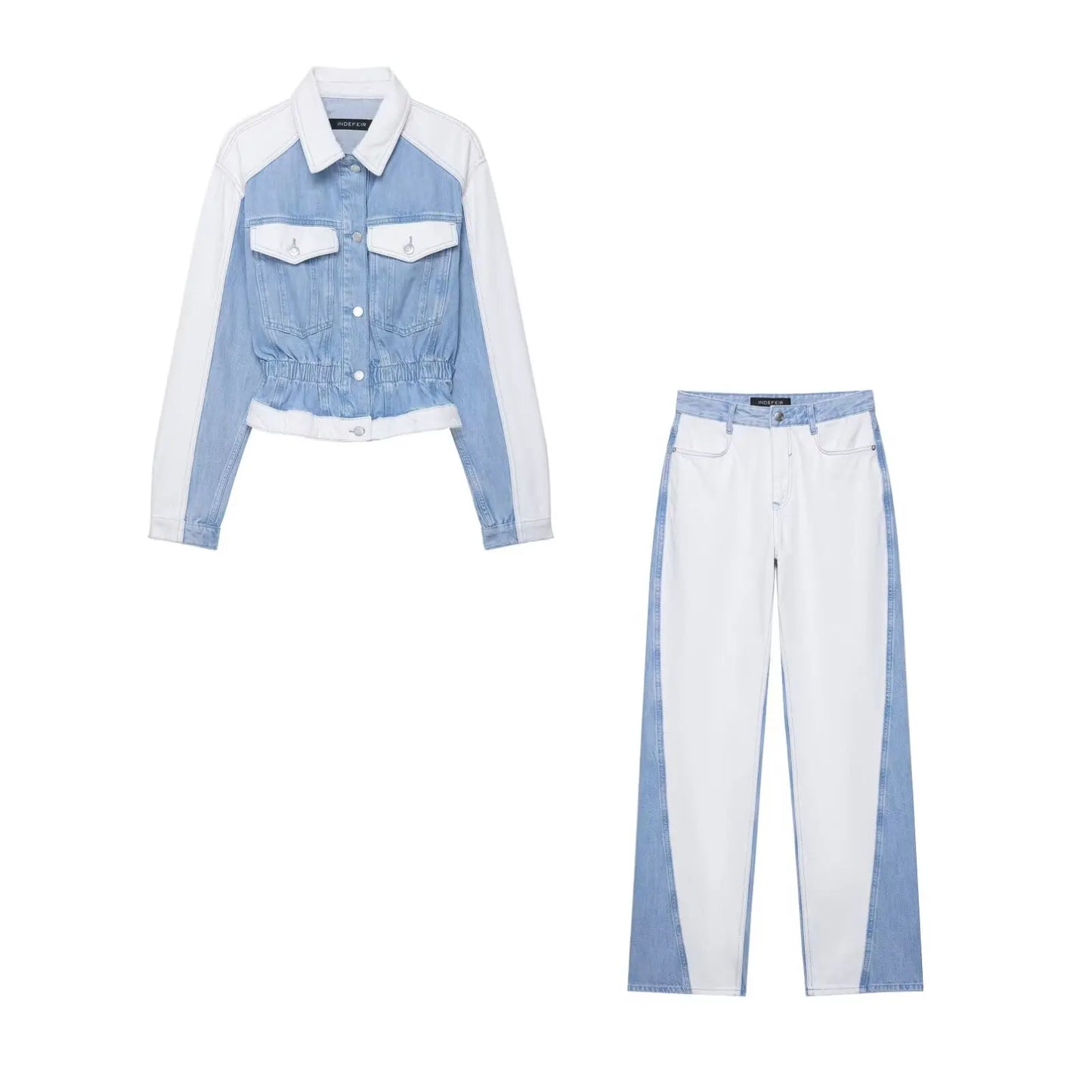 Set patchwork denim donna 2025 ‒ completo giacca monopetto + pantaloni wide-leg, look autunnale fashion con tasche