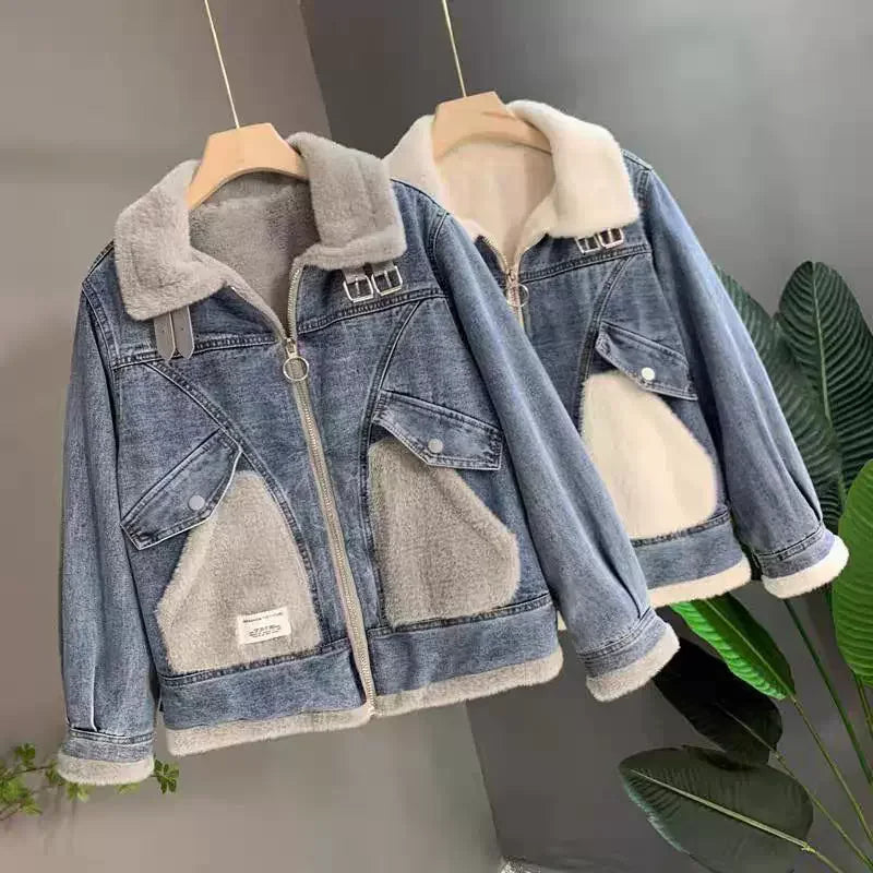 Giacca denim imbottita con pile fissato 2025 – giubbotto baggy da donna con colletto alto e interno caldo