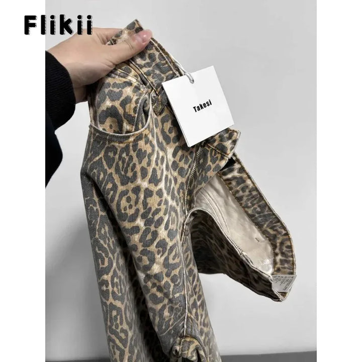 Jeans baggy vita alta leopardato donna – pantaloni oversize Y2K da strada con tasche casual 2025