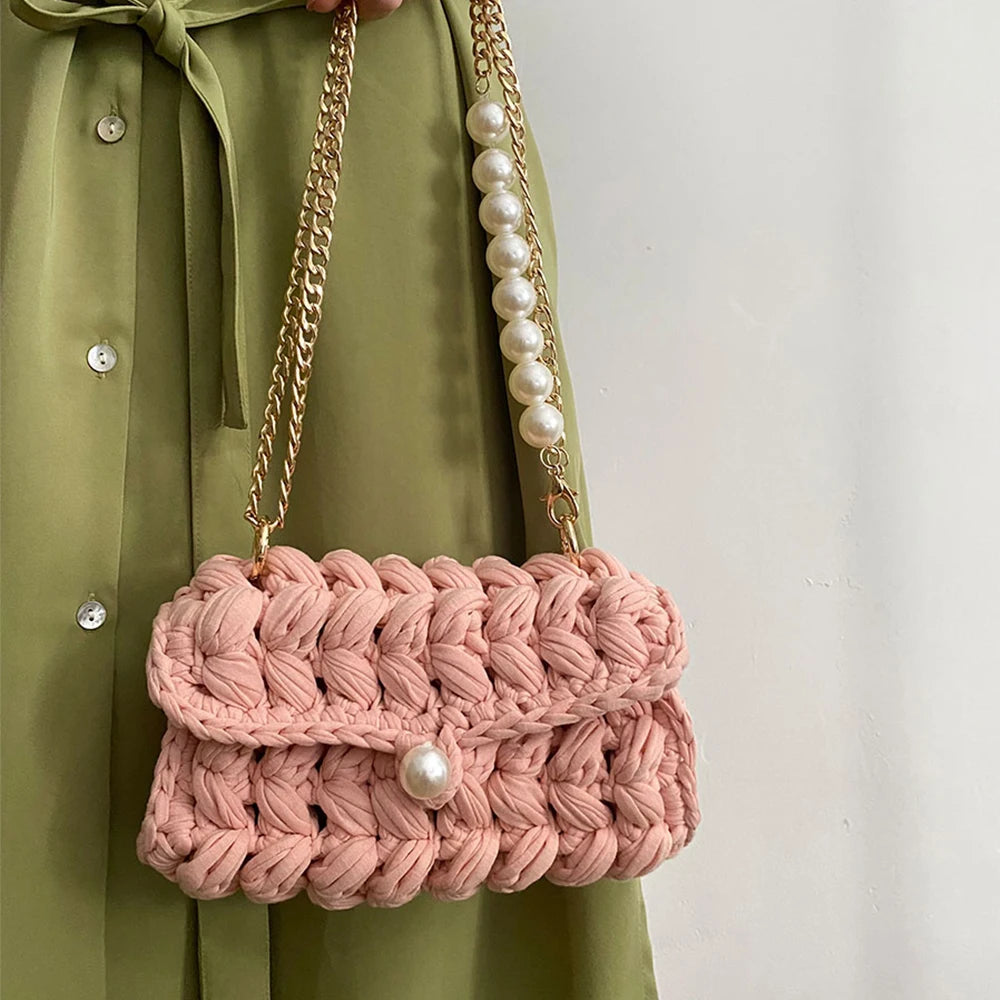 Borsa Donna Crochet a Spalla Uncinetto con Perle e Catena – Design Crossbody