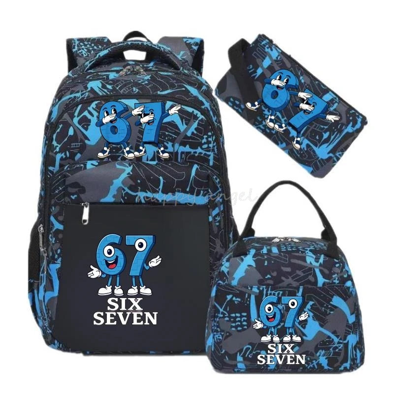 67 Six Seven Print 3Pcs/set Camouflage Backpack With Lunch Bag Steal A BrainRot Boy Student Teens Rucksack Girl Casual SchoolBag