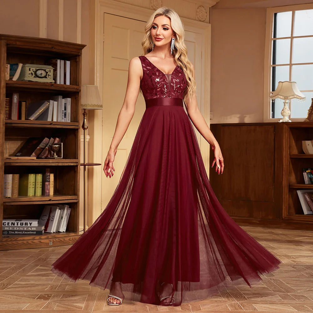Abito Lungo Elegante Donna con Paillettes – Vestito Cerimonia Matrimonio e Damigella