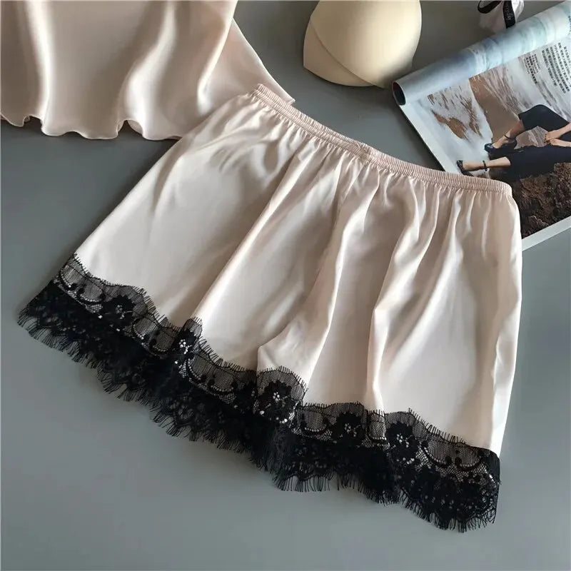 Pigiama donna sexy con pizzo | Completo due pezzi estivo in raso con pantaloncini | Pigiama elegante V-neck pizzo per dormire e sedurre