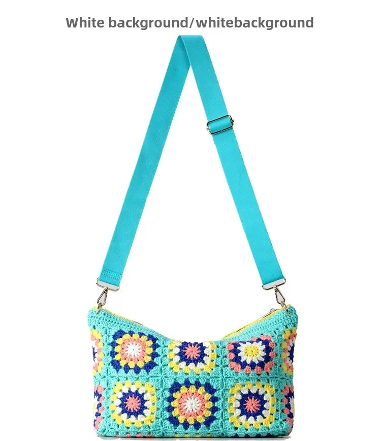Borsa a tracolla in cotone uncinetto traforato – shoulder bag artigianale floreale con zip, stile boho