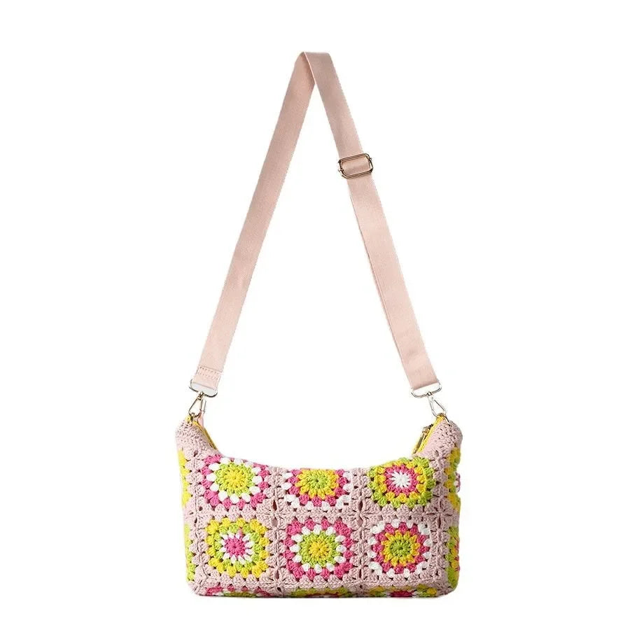Borsa a tracolla in cotone uncinetto traforato – shoulder bag artigianale floreale con zip, stile boho