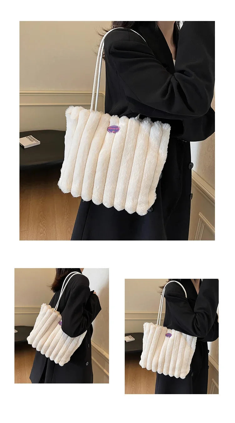 Tote bag a righe in peluche – borsa capiente e soffice per inverno 2025