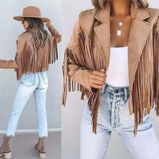 Giacca in pelle scamosciata con frange per donna – Giacca corta con colletto e maniche lunghe