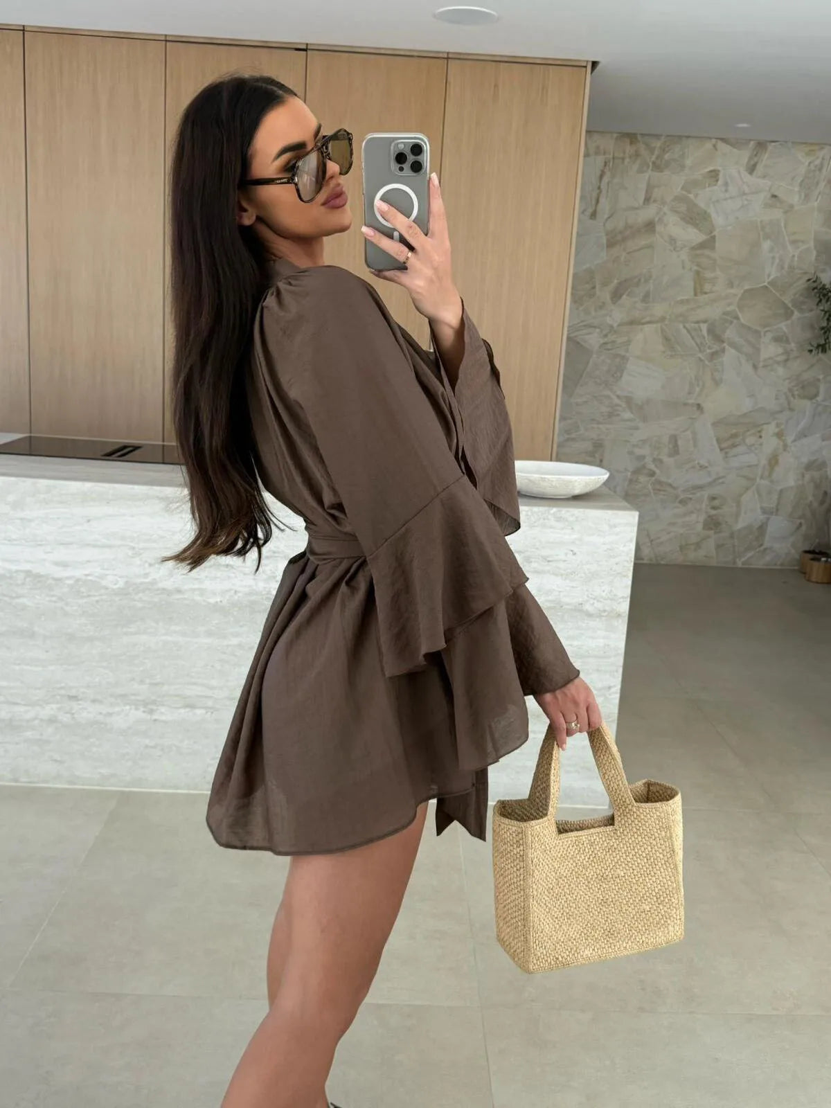 Abito Mini Casual a-Line con Scollo a V, Volant e Lacci