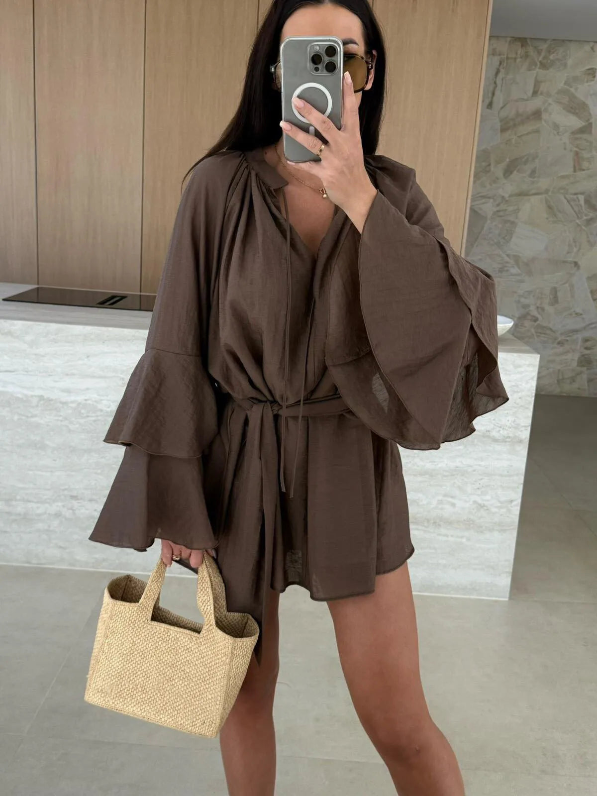 Abito Mini Casual a-Line con Scollo a V, Volant e Lacci