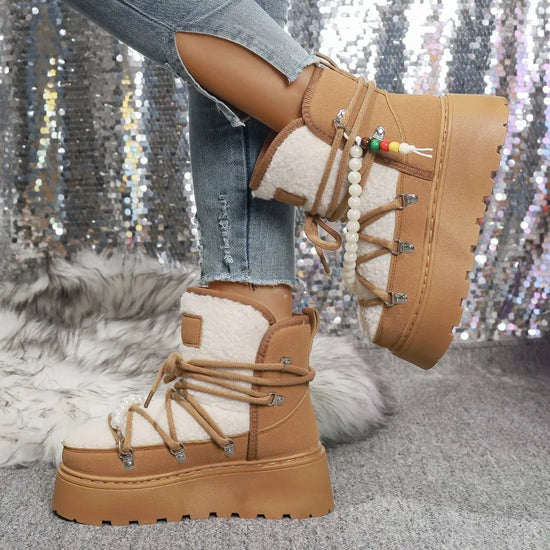Stivali da neve donna invernali pelliccia – short boots imbottiti lamb-fur, punta tonda, stile retrò per città e montagna