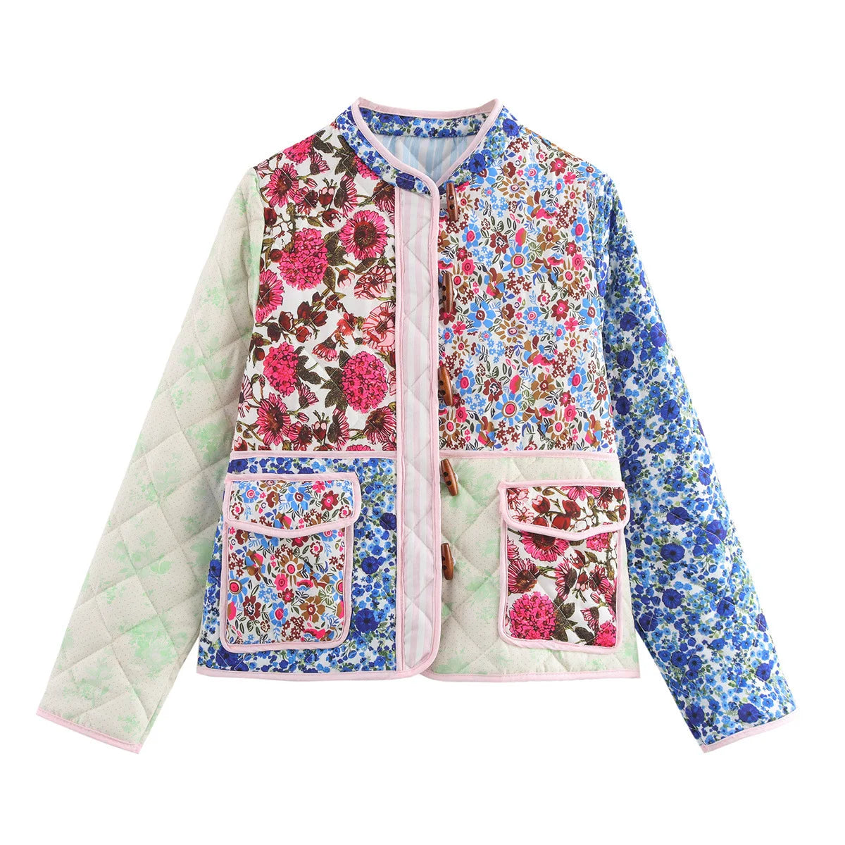 Giacca imbottita donna vintage patchwork floreale – Cappotto cotone con imbottitura, stile casual e warm streetwear