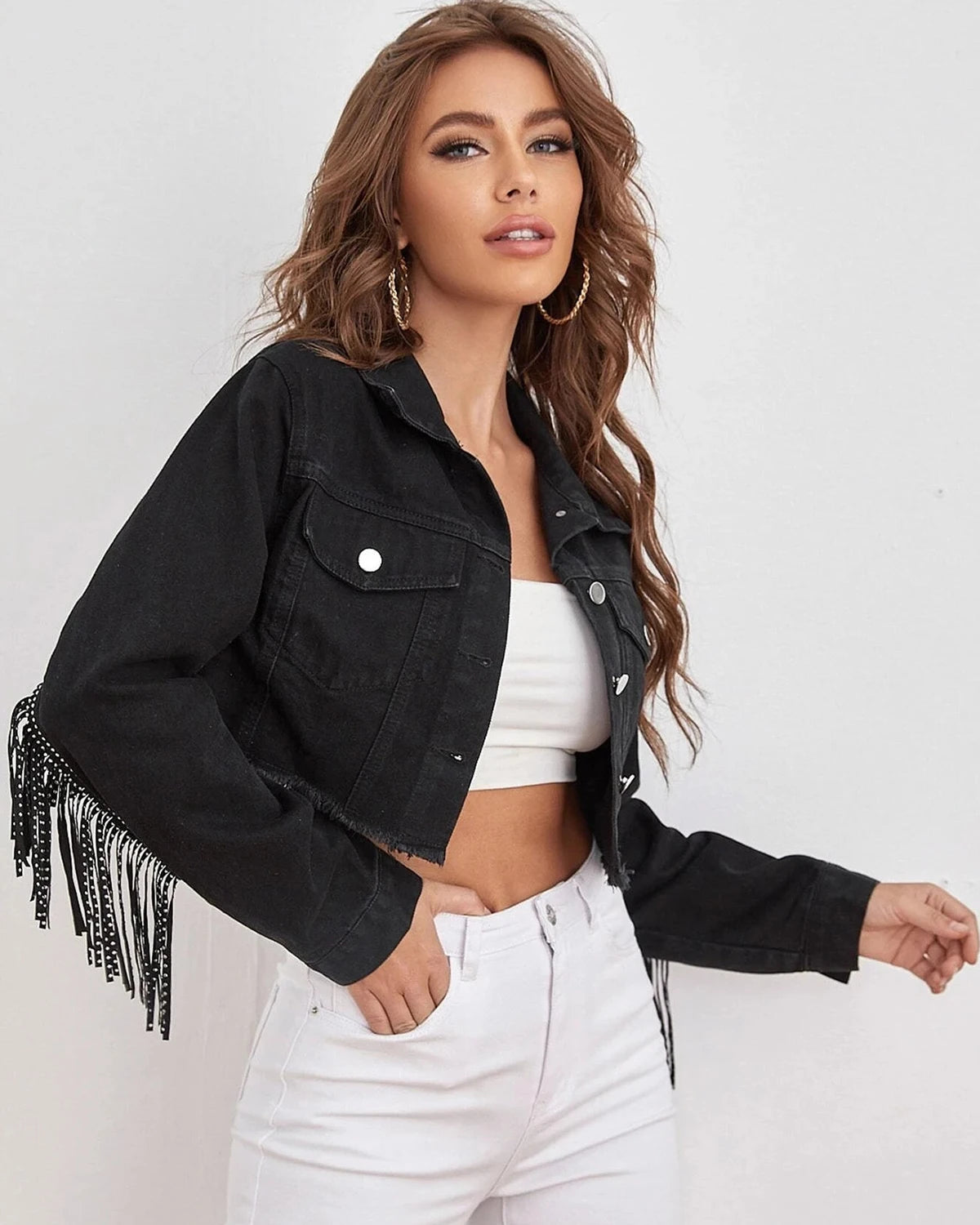 Giacca di jeans cropped con frange e strappi – giacca donna in stile western e boho