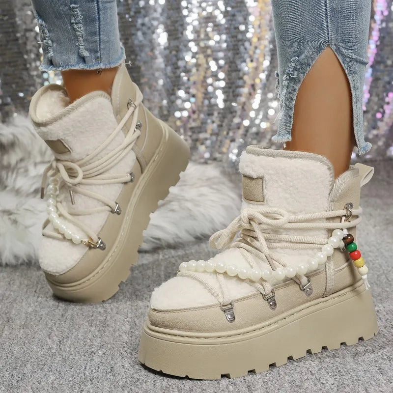 Stivali da neve donna invernali pelliccia – short boots imbottiti lamb-fur, punta tonda, stile retrò per città e montagna