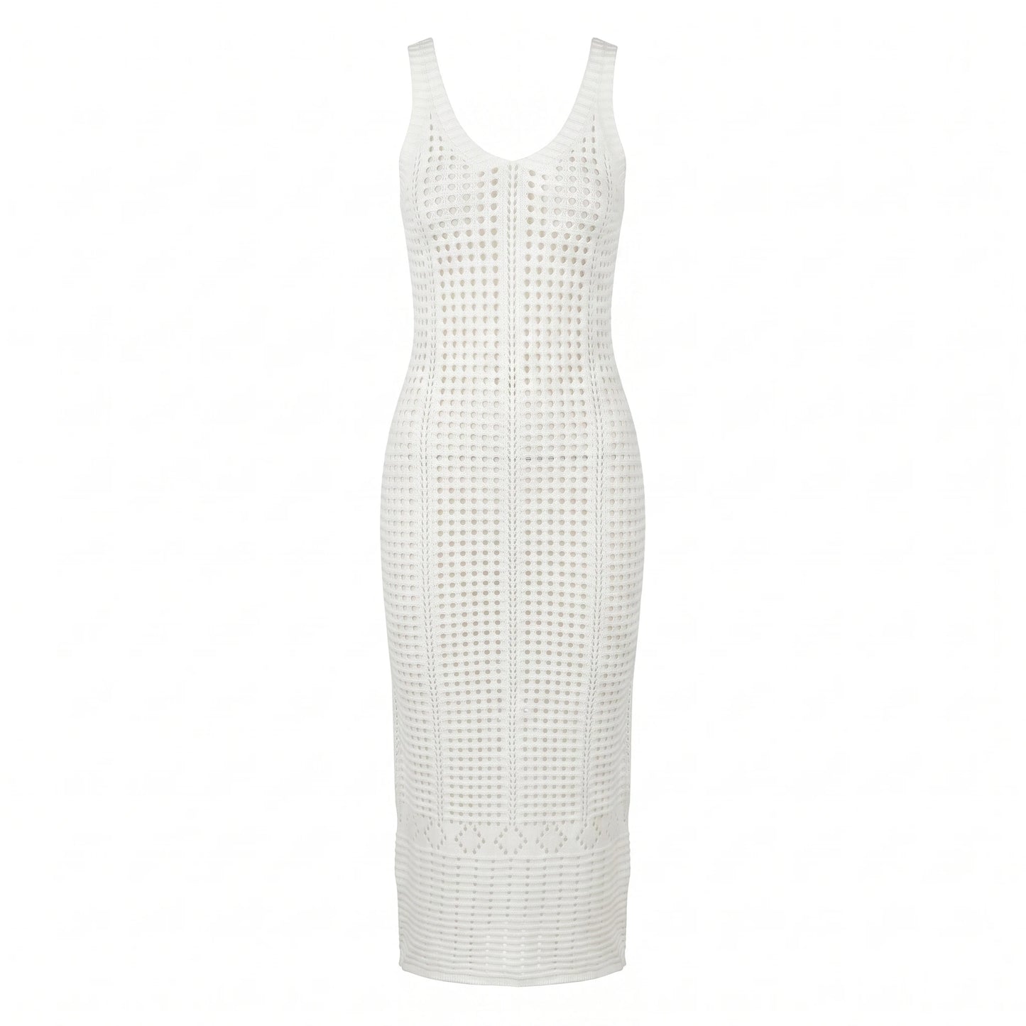 Abito Donna Effetto Crochet Traforato – Vestito Beige con Scollo a V
