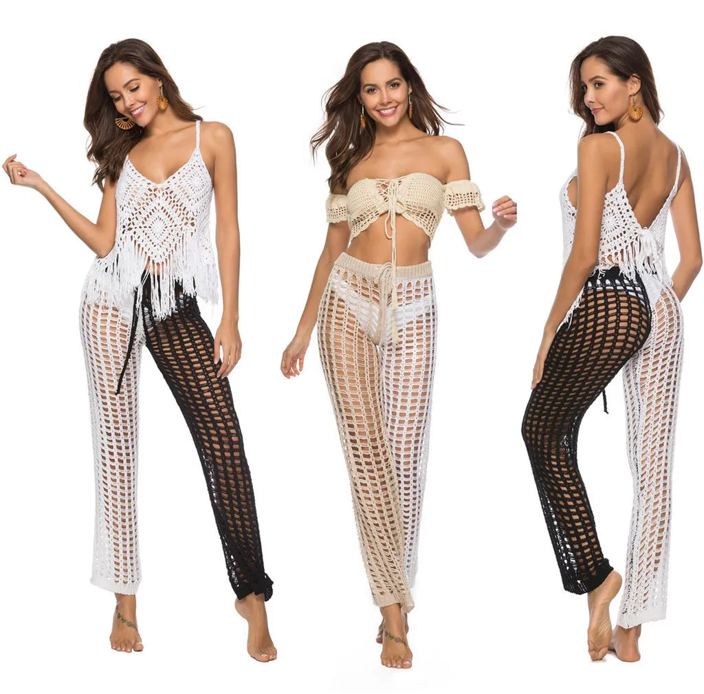 Pantaloni copricostume mesh trasparente con frange – Estate 2025