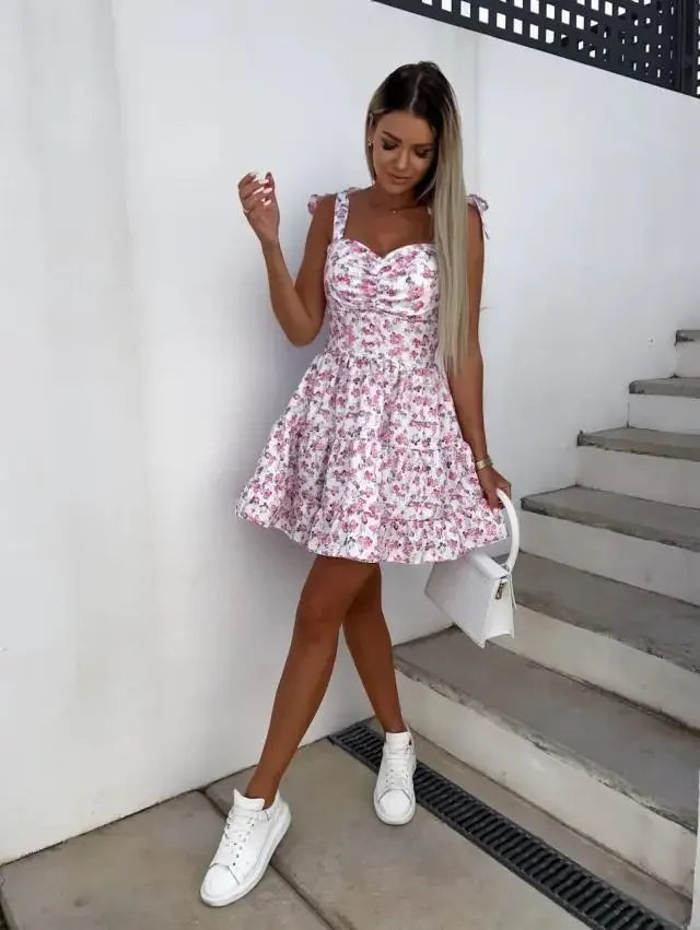 Abito mini estivo 2025 con stampa, scollo halter, spalline regolabili – Vestito donna fresco e unico
