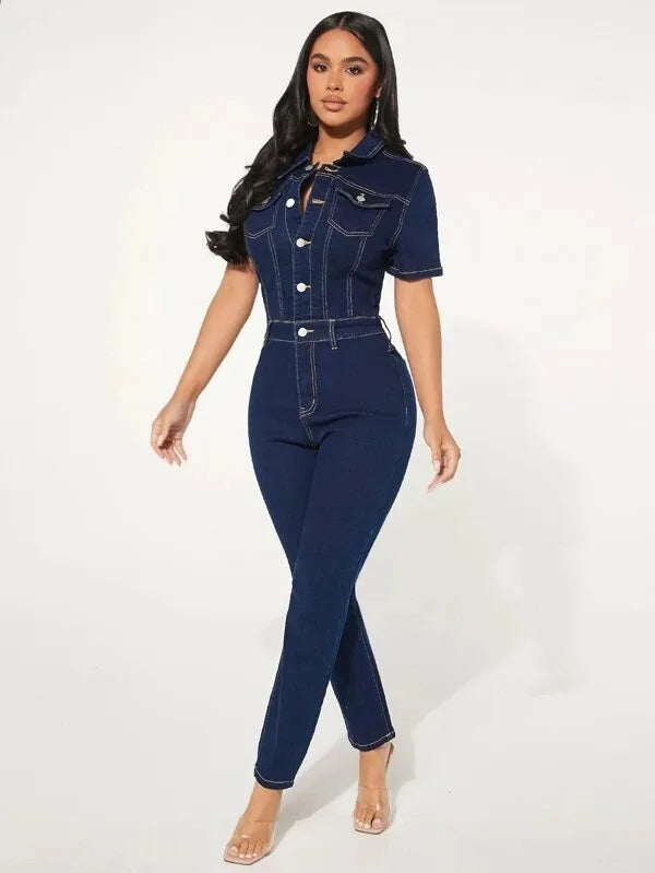 Jeans salopette skinny donna 2025 ‒ denim stretch blu con bottoni, jumpsuit casual con colletto a rever