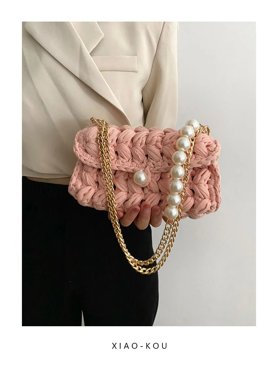 Borsa Donna Crochet a Spalla Uncinetto con Perle e Catena – Design Crossbody