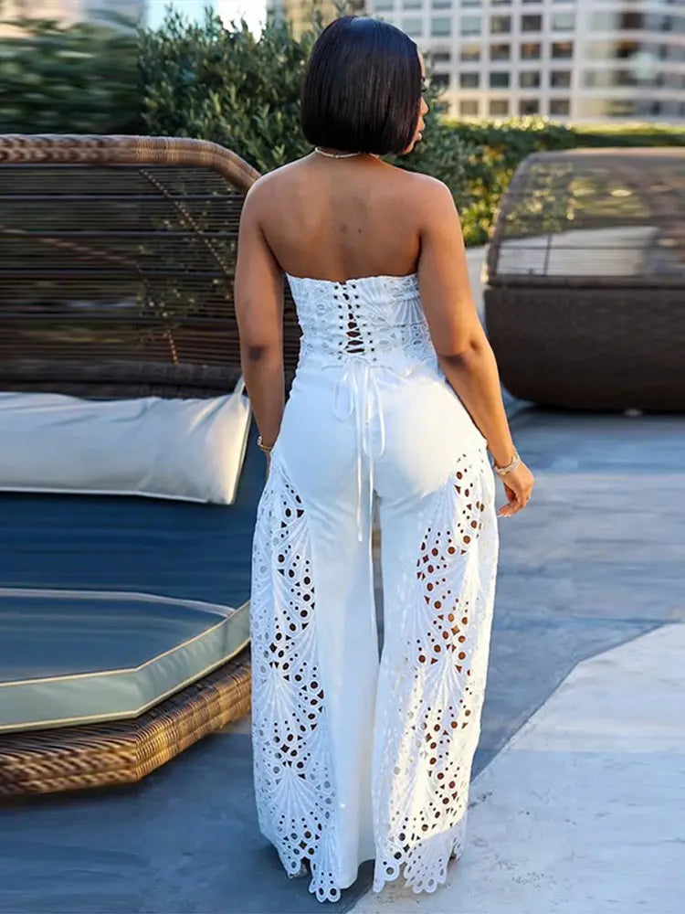 Set top strapless traforato + pantaloni – coordinato donna sexy senza spalline con design hollowed per look chic