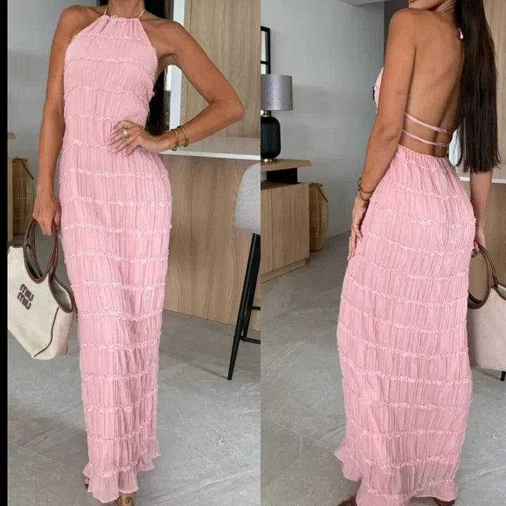 Abito Lungo Donna con Schiena Scoperta e Pieghe – Vestito Elegante Lotus Leaf 2026